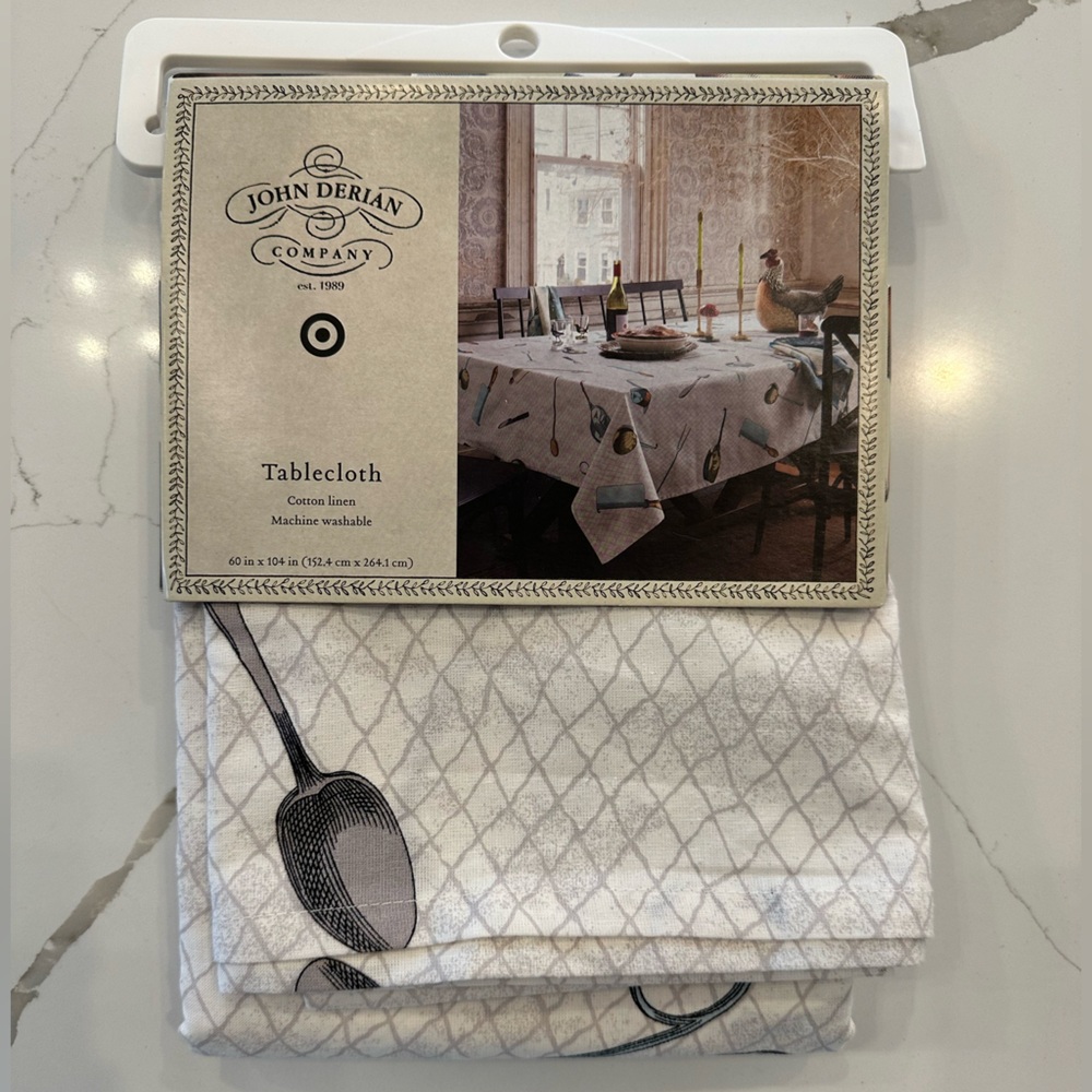John Derian x Target Tablecloth Kitchen Utensil Print 60x104 Cotton Linen NWT 🪿